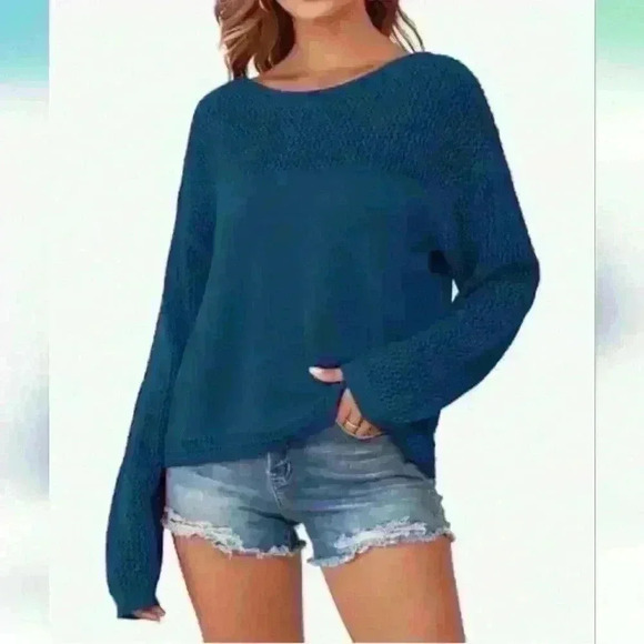 ZAFUL | Women's Navy Hallow Out Long Drop Shoulder Crochet Knit Sweater - Picture 1 of 10